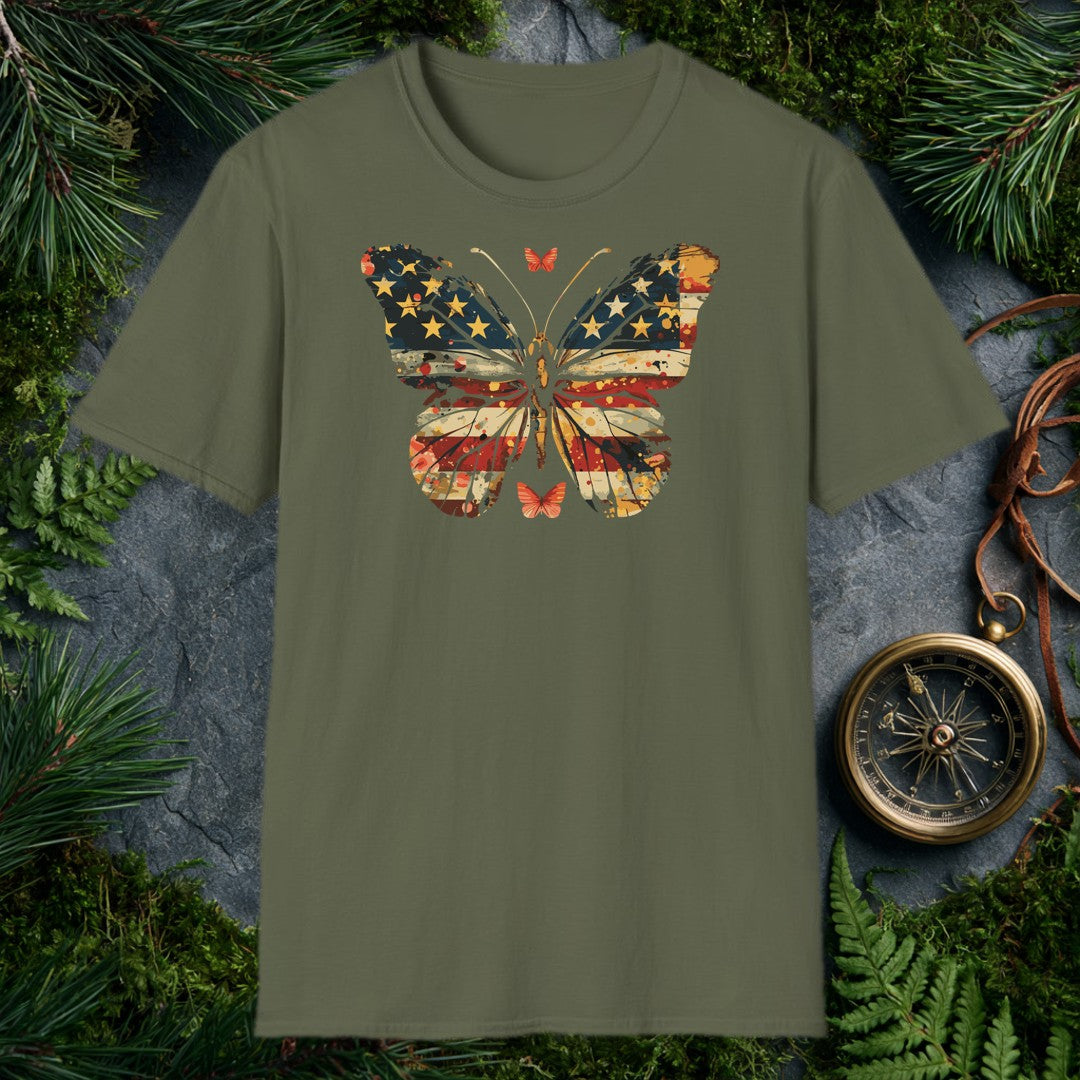 large butterfly with American flag stars and stripes in distressed navy, red, and gold watercolor paint splatter style
