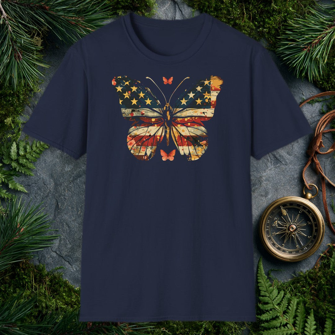 large butterfly with American flag stars and stripes in distressed navy, red, and gold watercolor paint splatter style