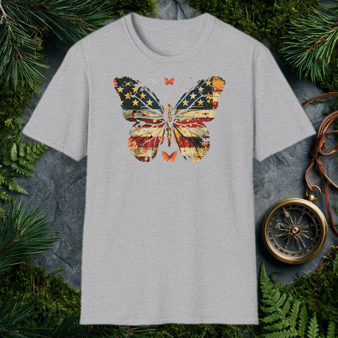 large butterfly with American flag stars and stripes in distressed navy, red, and gold watercolor paint splatter style