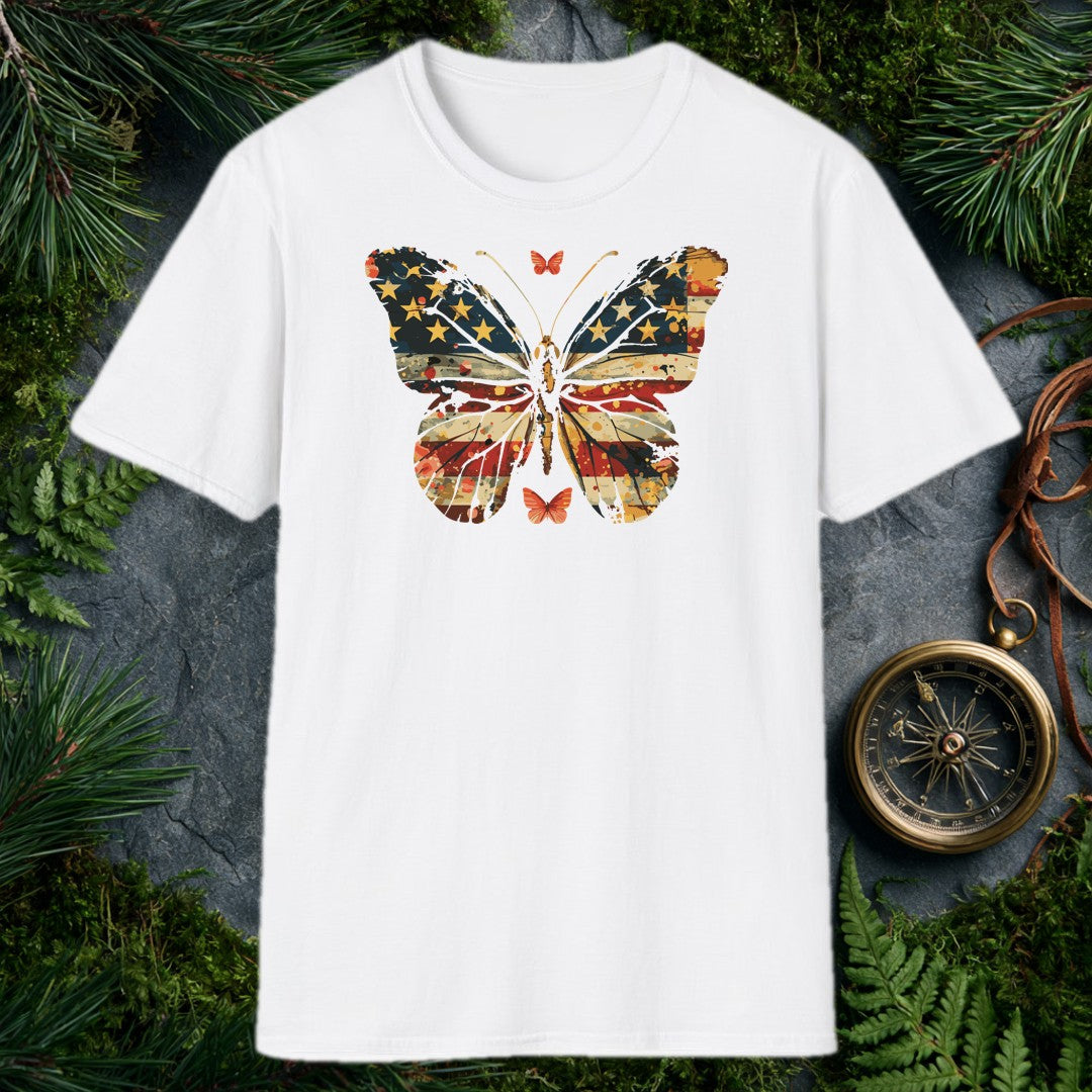 large butterfly with American flag stars and stripes in distressed navy, red, and gold watercolor paint splatter style