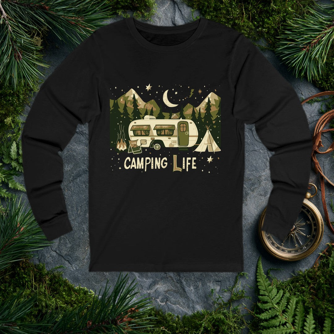 A cream-colored travel trailer sits beneath a crescent moon, ringed by dark pines and rugged mountain peaks — stars scattered across the night sky above. For…