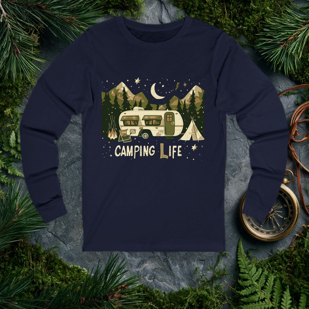 A cream-colored travel trailer sits beneath a crescent moon, ringed by dark pines and rugged mountain peaks — stars scattered across the night sky above. For…