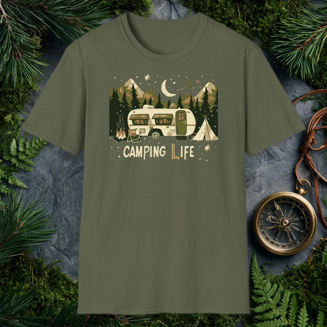 vintage travel trailer under crescent moon with dark pine trees, mountain peaks, campfire, and teepee in cream and olive