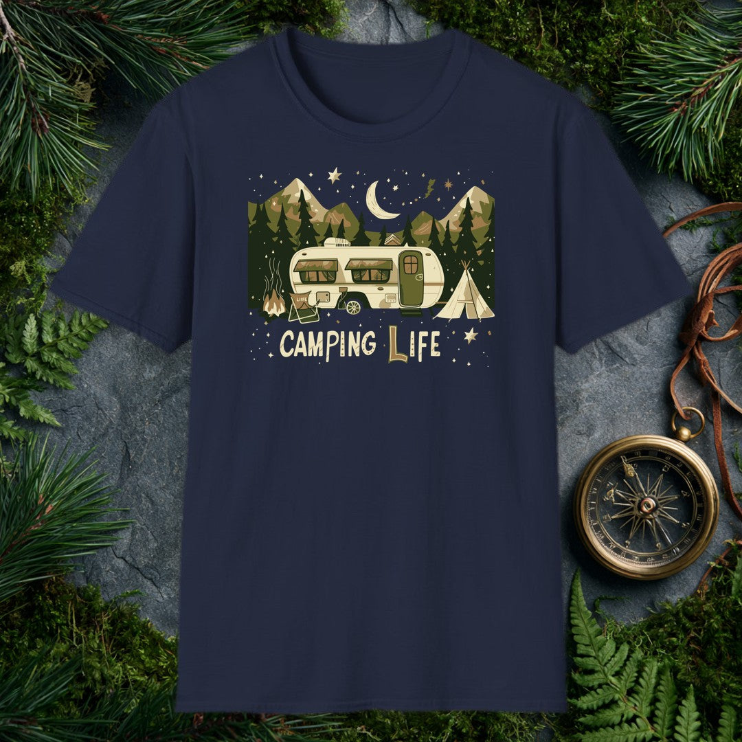 vintage travel trailer under crescent moon with dark pine trees, mountain peaks, campfire, and teepee in cream and olive