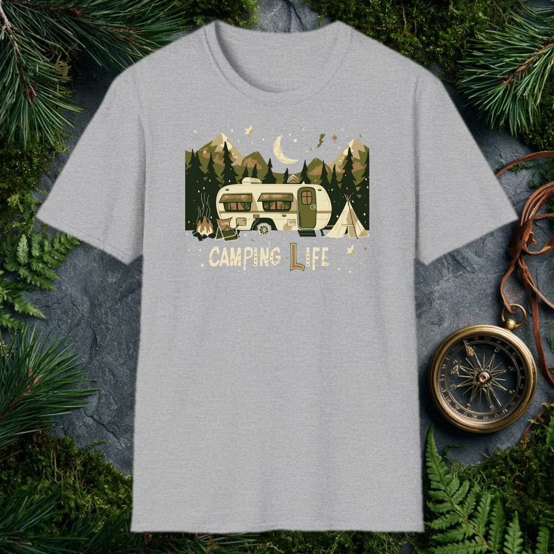 vintage travel trailer under crescent moon with dark pine trees, mountain peaks, campfire, and teepee in cream and olive