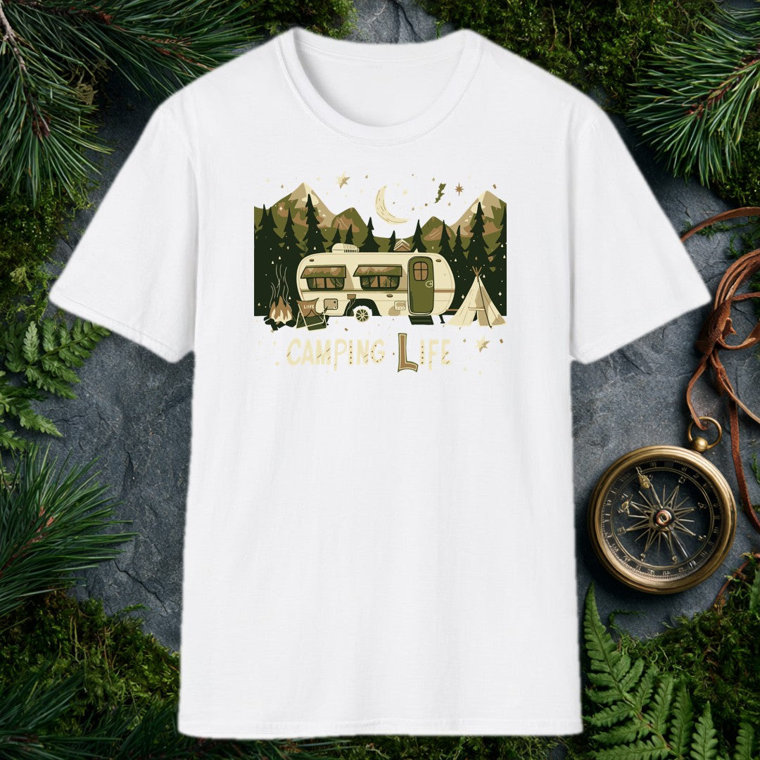 vintage travel trailer under crescent moon with dark pine trees, mountain peaks, campfire, and teepee in cream and olive
