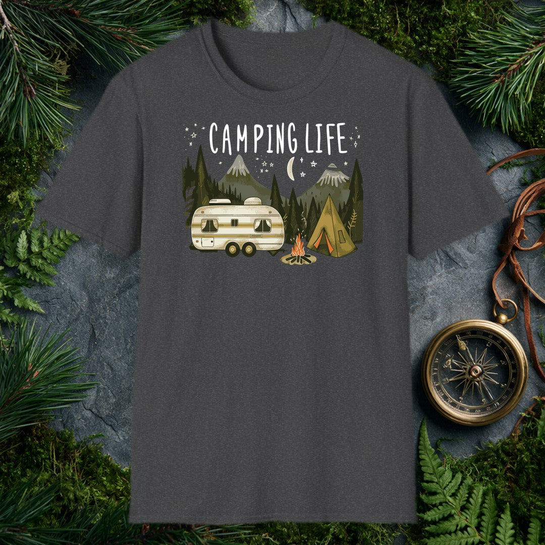 A vintage travel trailer and canvas tent sit side by side beneath a crescent moon, campfire flickering between them and pine-covered mountains rising behind —…