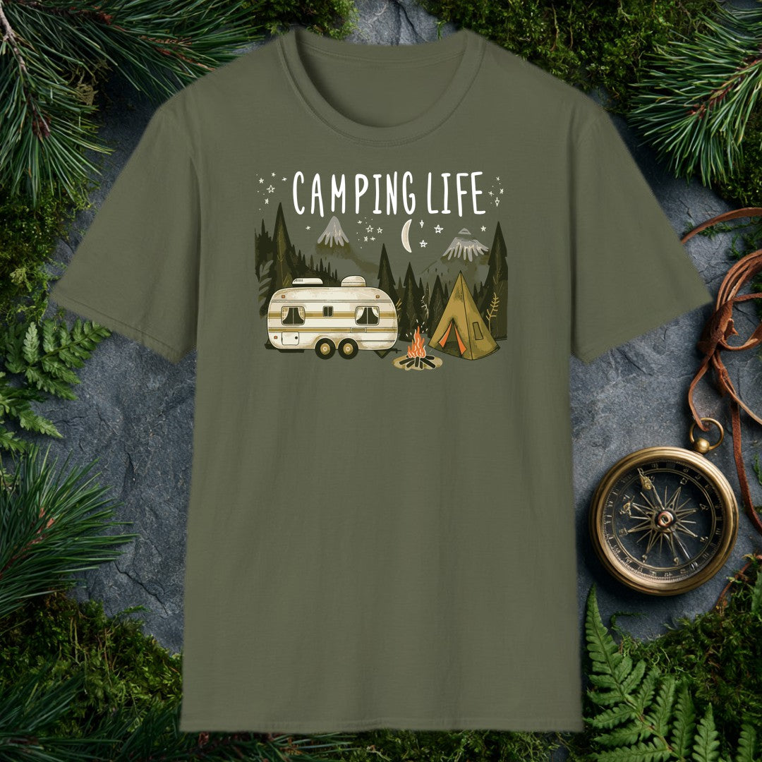 A vintage travel trailer and canvas tent sit side by side beneath a crescent moon, campfire flickering between them and pine-covered mountains rising behind —…