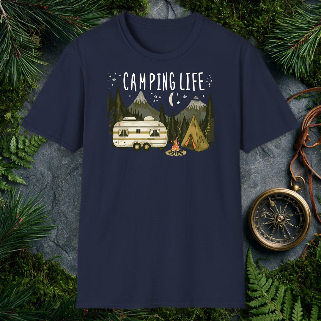 A vintage travel trailer and canvas tent sit side by side beneath a crescent moon, campfire flickering between them and pine-covered mountains rising behind —…