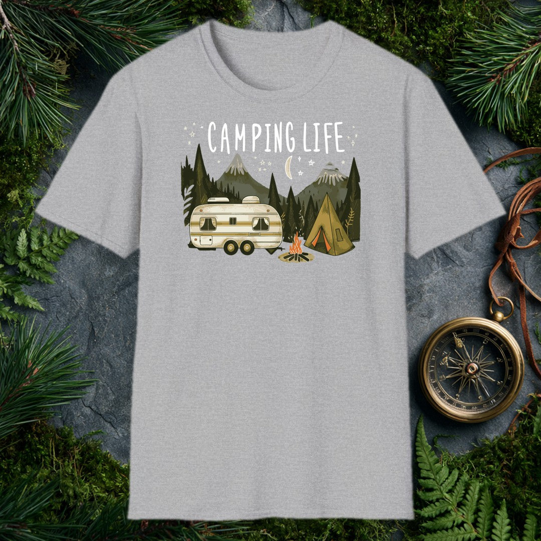 A vintage travel trailer and canvas tent sit side by side beneath a crescent moon, campfire flickering between them and pine-covered mountains rising behind —…