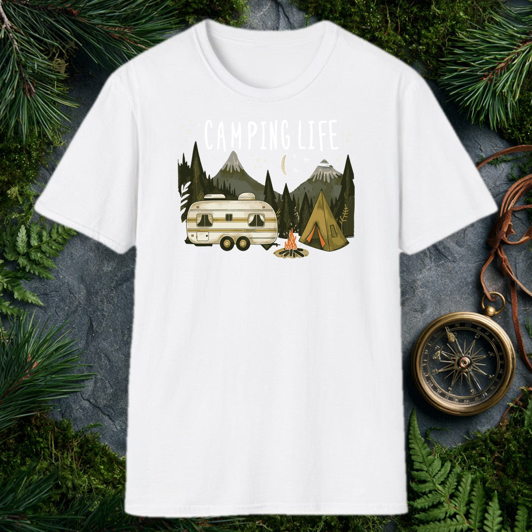 A vintage travel trailer and canvas tent sit side by side beneath a crescent moon, campfire flickering between them and pine-covered mountains rising behind —…
