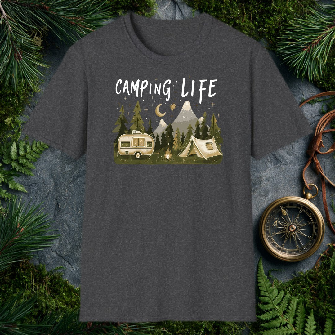 A vintage travel trailer and canvas tent sit beside a small campfire, ringed by dark pines and a snow-capped mountain range — all under a crescent moon and…
