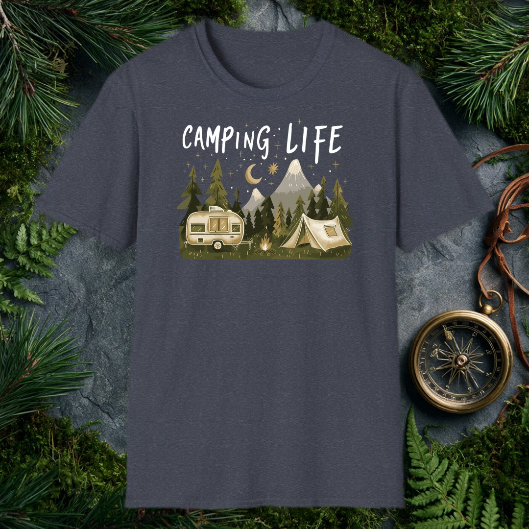 A vintage travel trailer and canvas tent sit beside a small campfire, ringed by dark pines and a snow-capped mountain range — all under a crescent moon and…