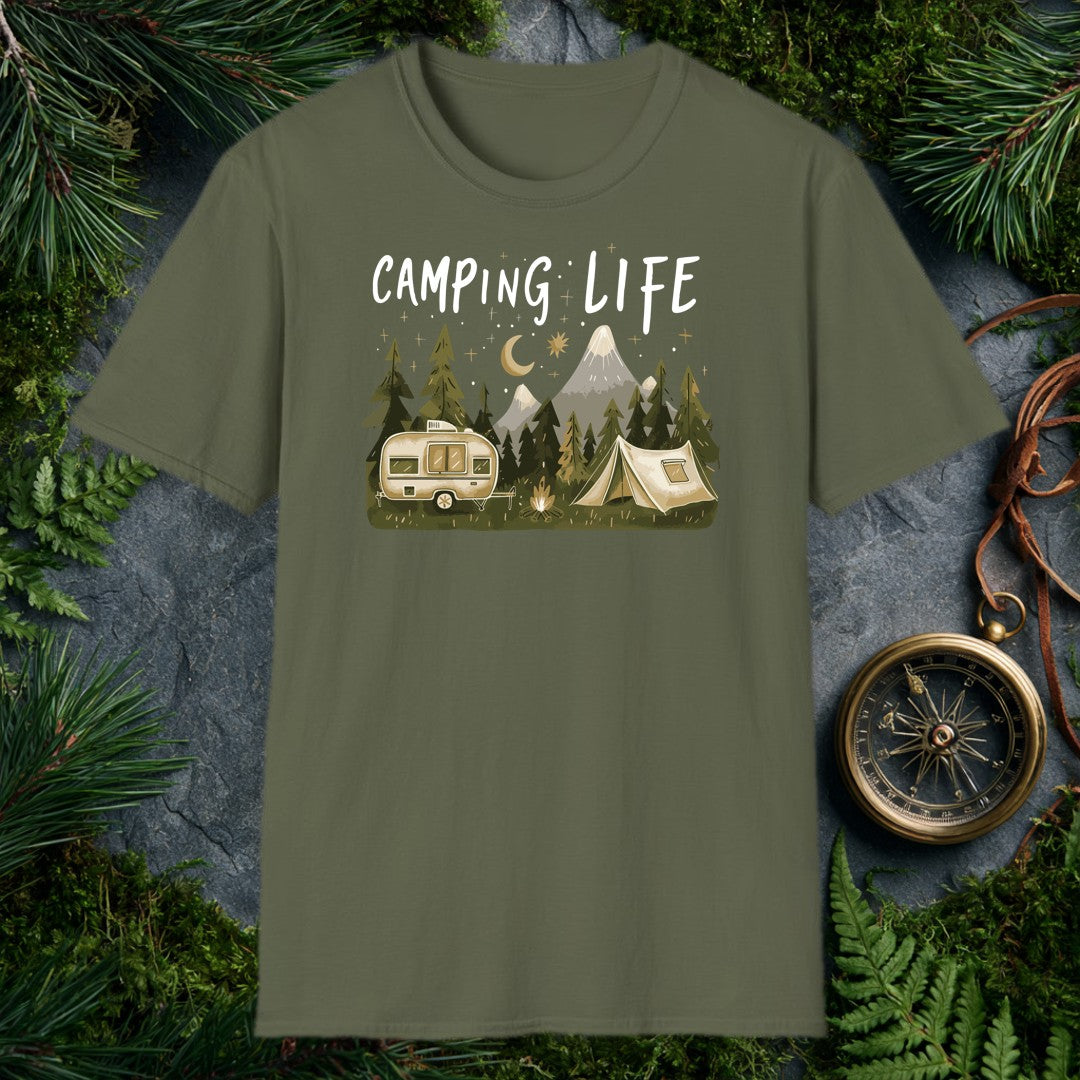 A vintage travel trailer and canvas tent sit beside a small campfire, ringed by dark pines and a snow-capped mountain range — all under a crescent moon and…