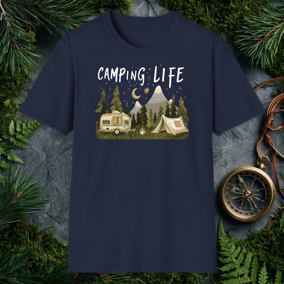 A vintage travel trailer and canvas tent sit beside a small campfire, ringed by dark pines and a snow-capped mountain range — all under a crescent moon and…
