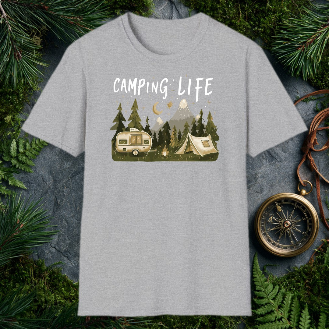 A vintage travel trailer and canvas tent sit beside a small campfire, ringed by dark pines and a snow-capped mountain range — all under a crescent moon and…