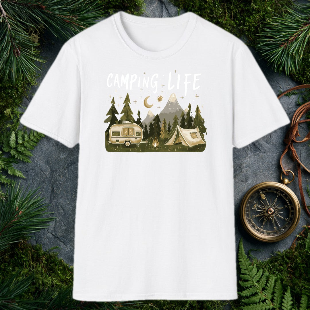 A vintage travel trailer and canvas tent sit beside a small campfire, ringed by dark pines and a snow-capped mountain range — all under a crescent moon and…
