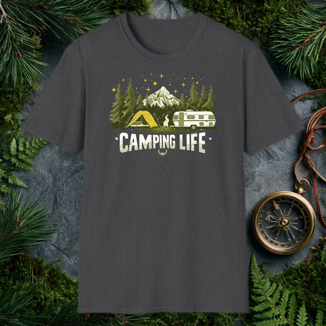 A yellow tent and a vintage travel trailer share a campfire in the pines, with a snow-capped peak rising behind them and gold stars scattered overhead — for…