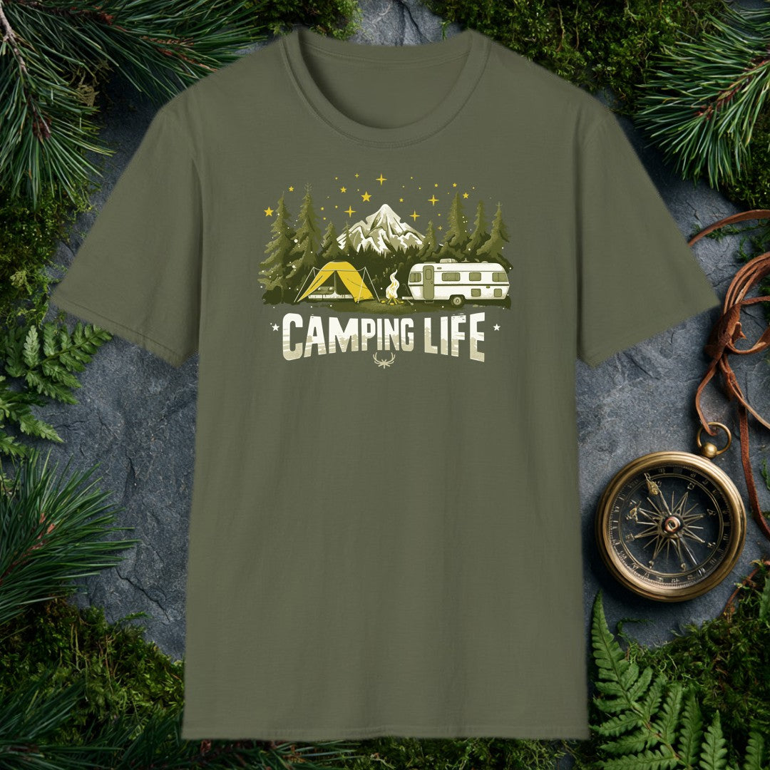 A yellow tent and a vintage travel trailer share a campfire in the pines, with a snow-capped peak rising behind them and gold stars scattered overhead — for…