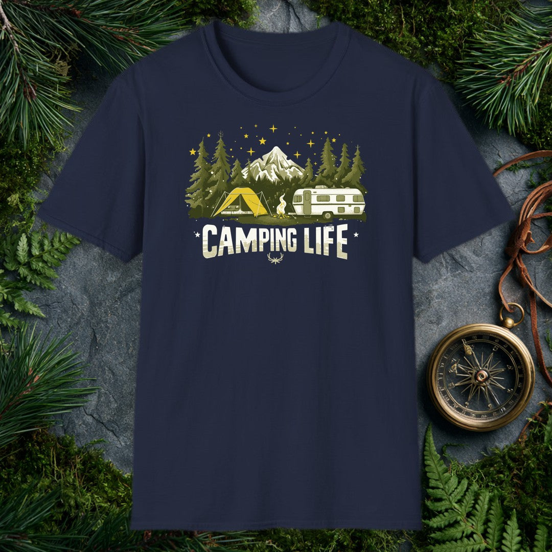 A yellow tent and a vintage travel trailer share a campfire in the pines, with a snow-capped peak rising behind them and gold stars scattered overhead — for…