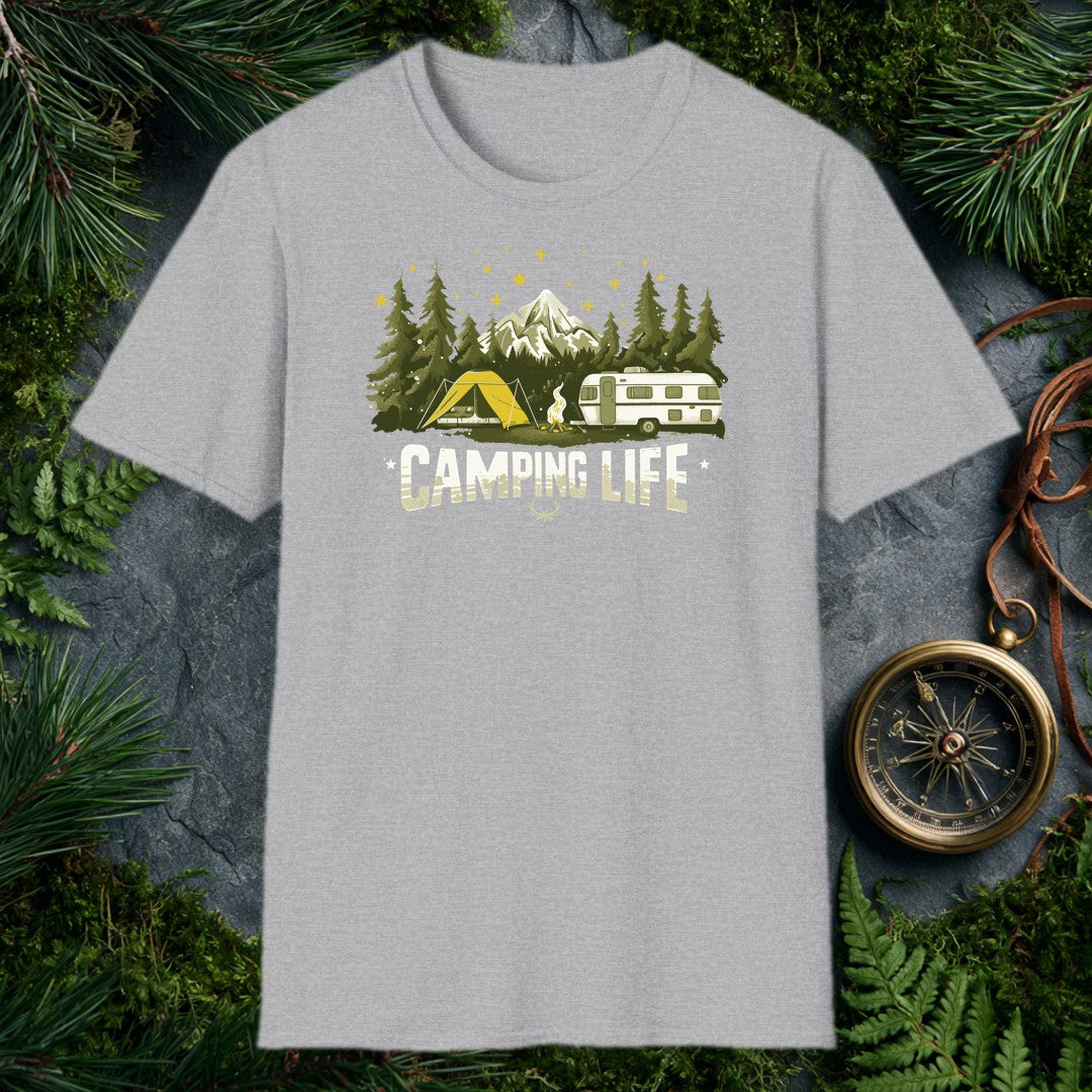A yellow tent and a vintage travel trailer share a campfire in the pines, with a snow-capped peak rising behind them and gold stars scattered overhead — for…