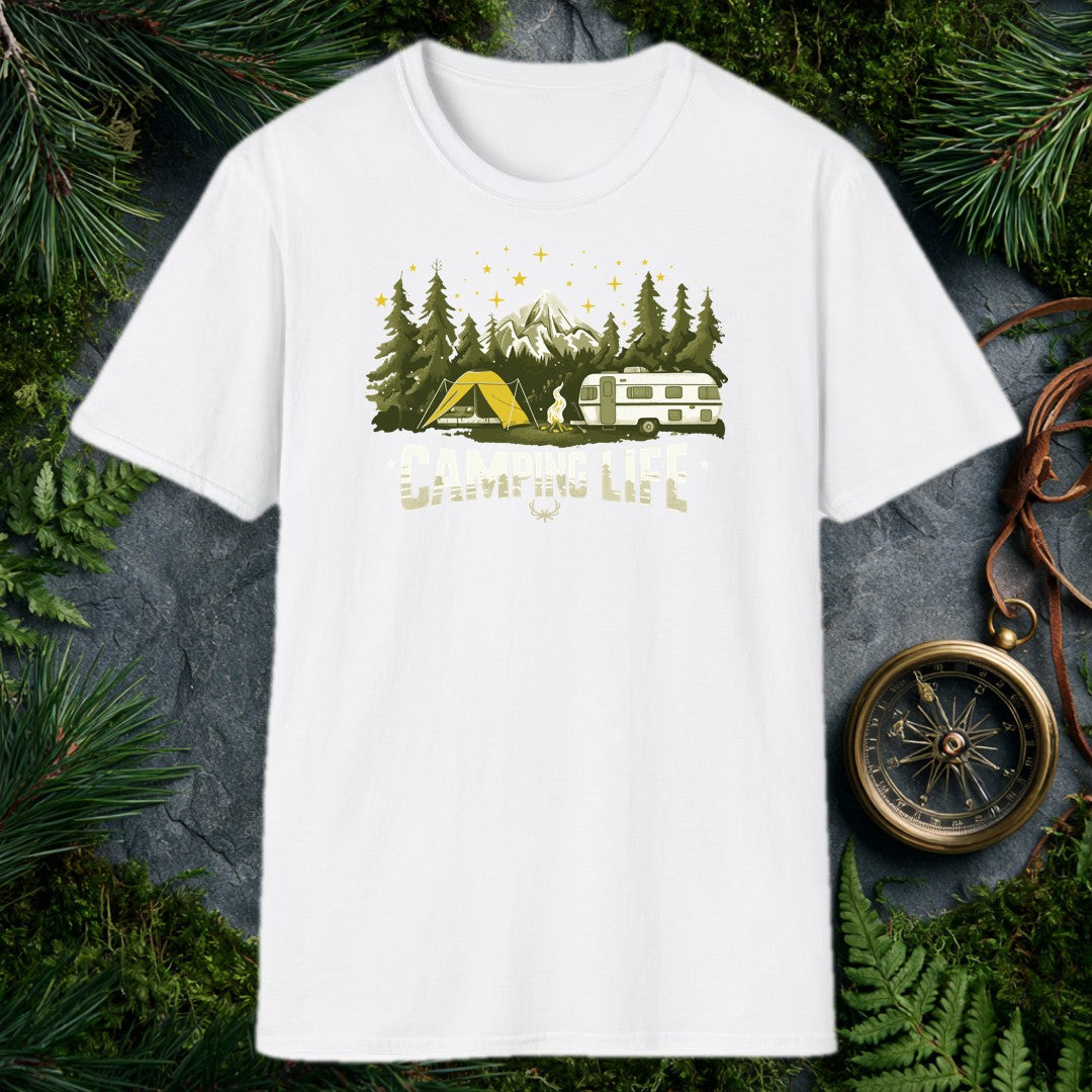 A yellow tent and a vintage travel trailer share a campfire in the pines, with a snow-capped peak rising behind them and gold stars scattered overhead — for…