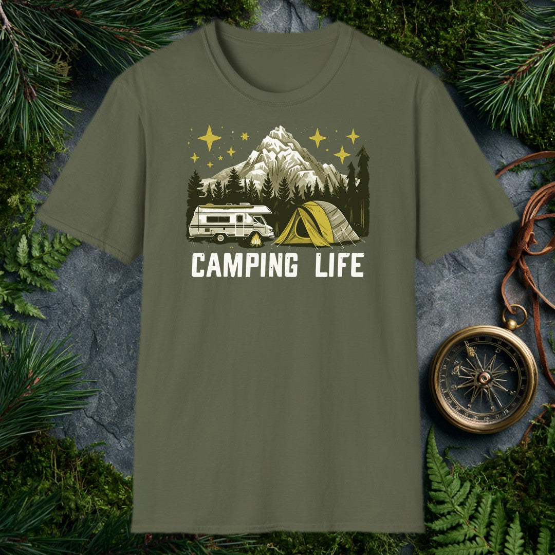 A classic motorhome and a yellow dome tent sit beside a crackling campfire, backed by dark pines and a snow-capped peak under a gold-starred sky — for anyone…