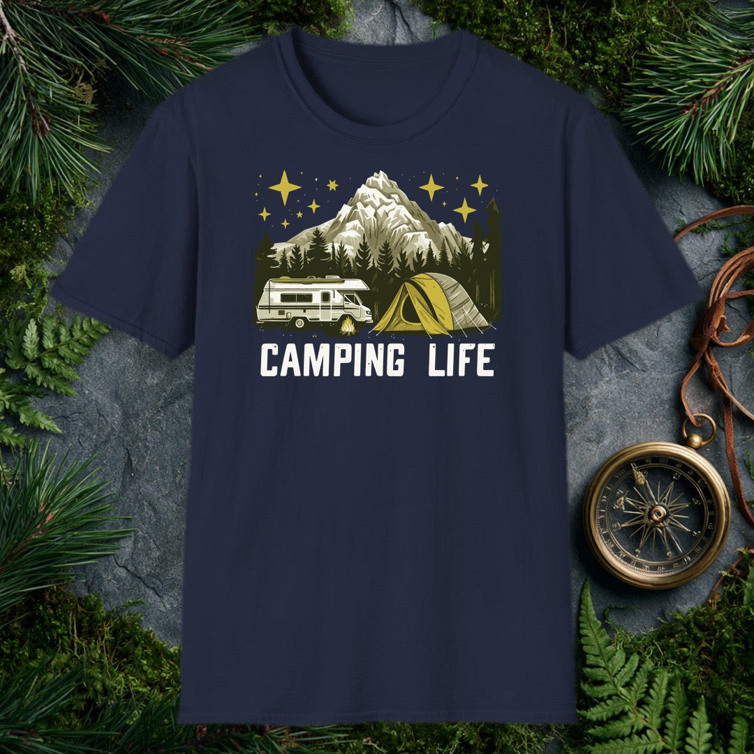 A classic motorhome and a yellow dome tent sit beside a crackling campfire, backed by dark pines and a snow-capped peak under a gold-starred sky — for anyone…