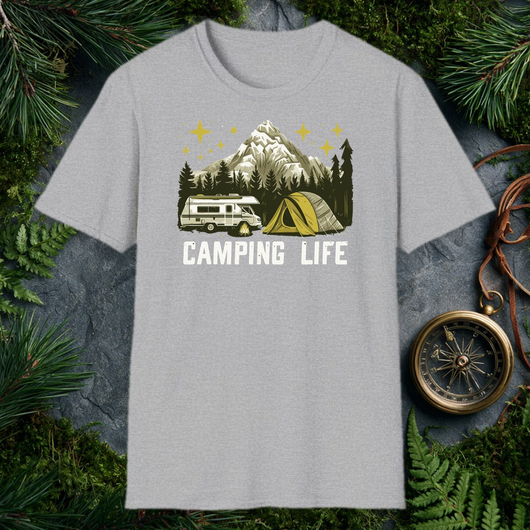A classic motorhome and a yellow dome tent sit beside a crackling campfire, backed by dark pines and a snow-capped peak under a gold-starred sky — for anyone…