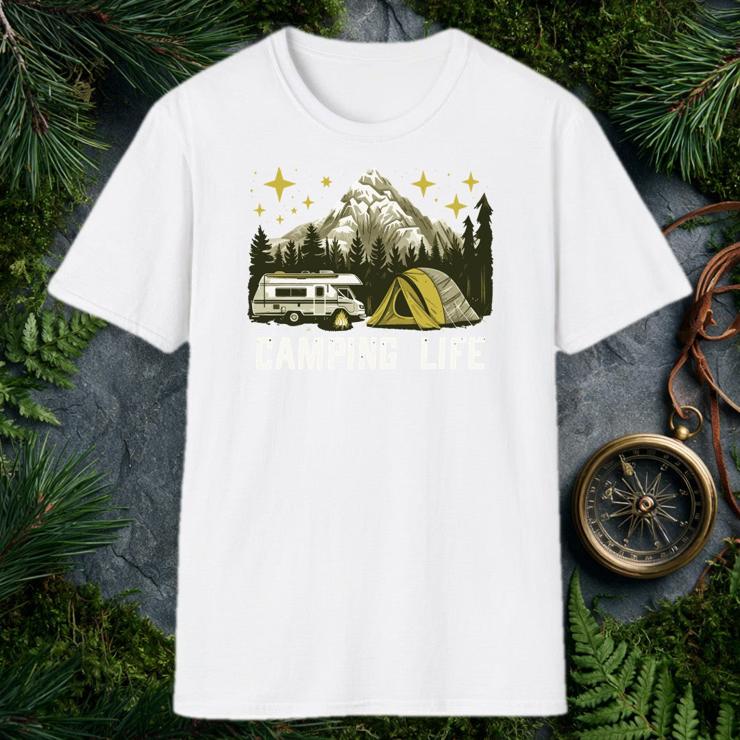 A classic motorhome and a yellow dome tent sit beside a crackling campfire, backed by dark pines and a snow-capped peak under a gold-starred sky — for anyone…