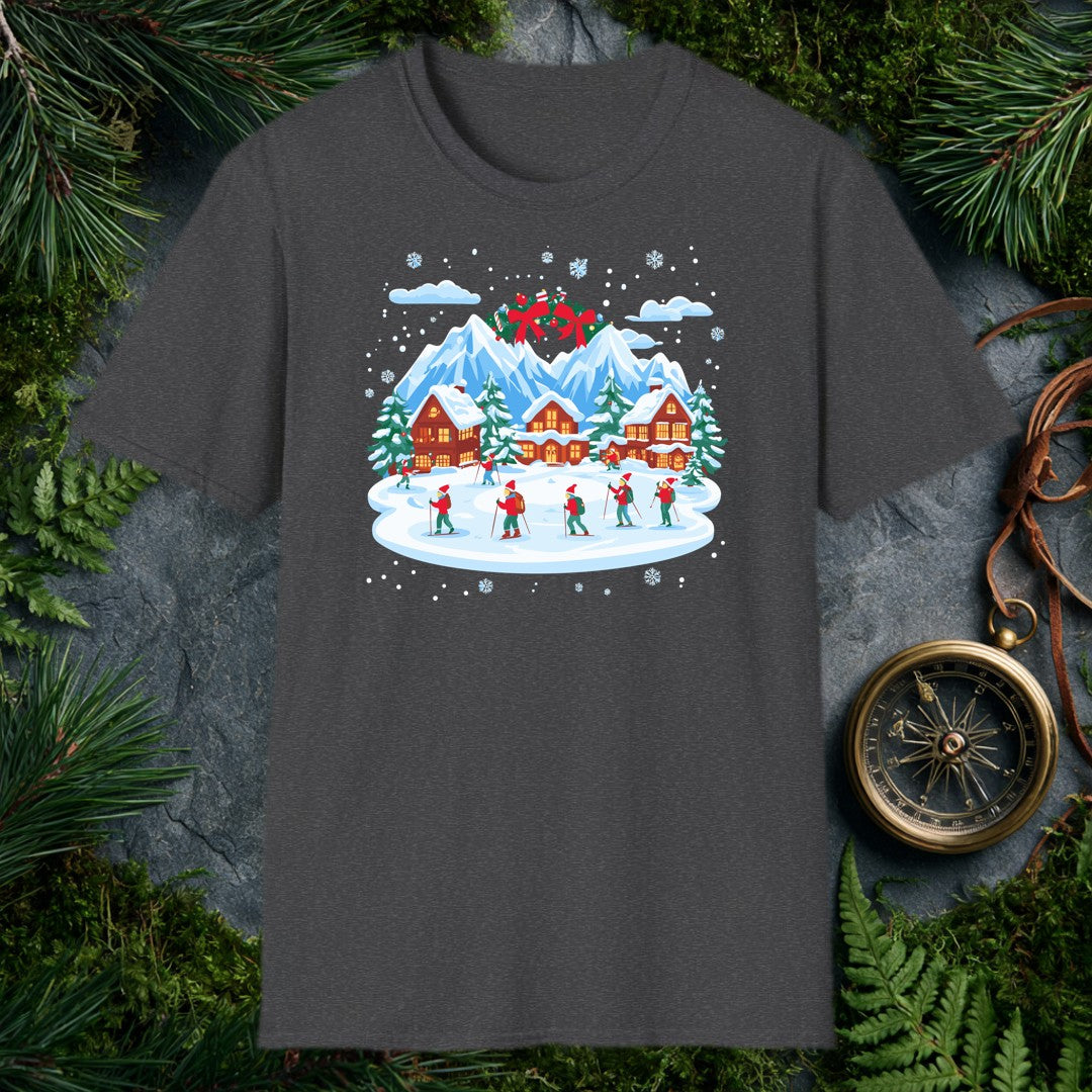 illustrated Christmas village with snow-covered cabins, mountain peaks, holiday wreath, and skiers in red hats on a snow