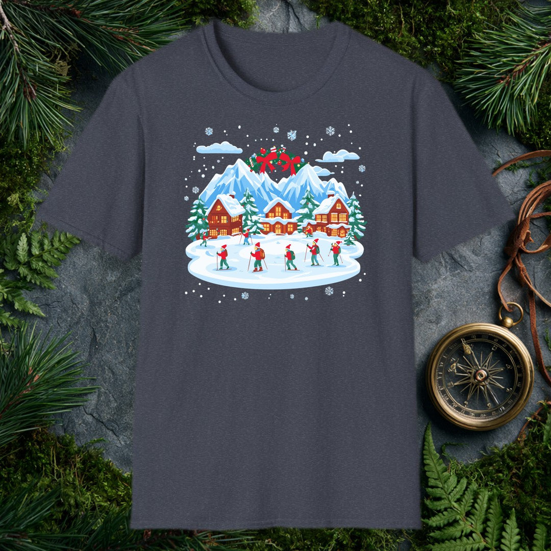 illustrated Christmas village with snow-covered cabins, mountain peaks, holiday wreath, and skiers in red hats on a snow