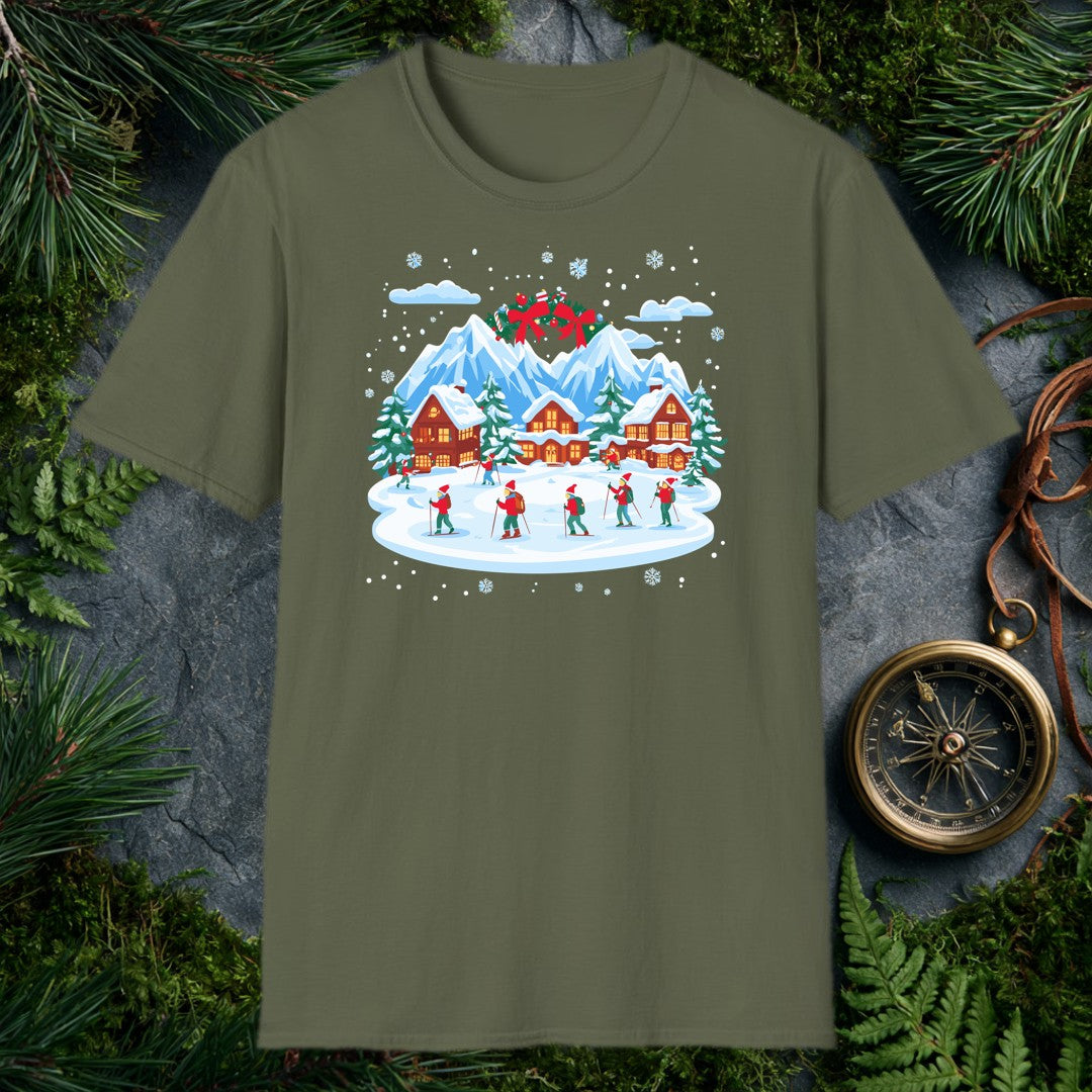illustrated Christmas village with snow-covered cabins, mountain peaks, holiday wreath, and skiers in red hats on a snow