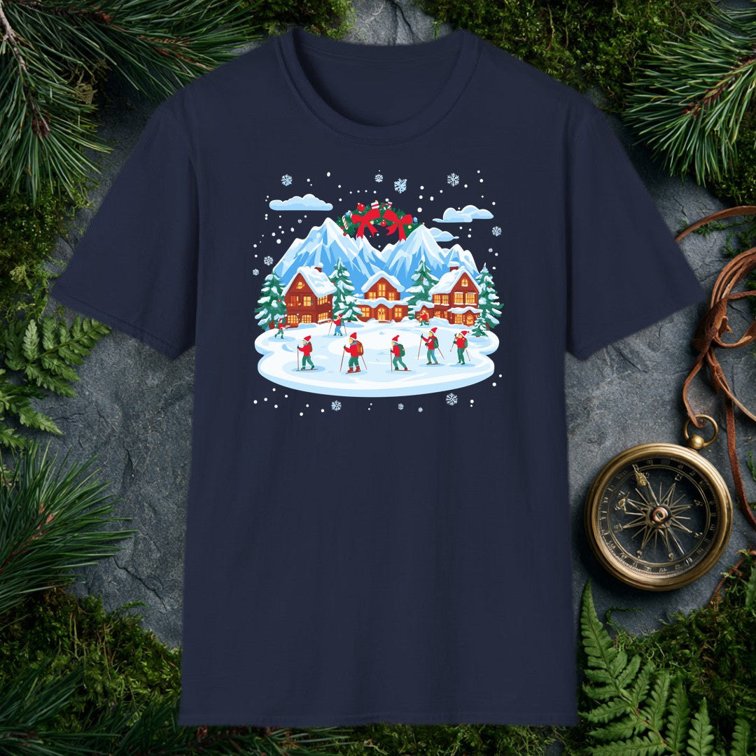 illustrated Christmas village with snow-covered cabins, mountain peaks, holiday wreath, and skiers in red hats on a snow