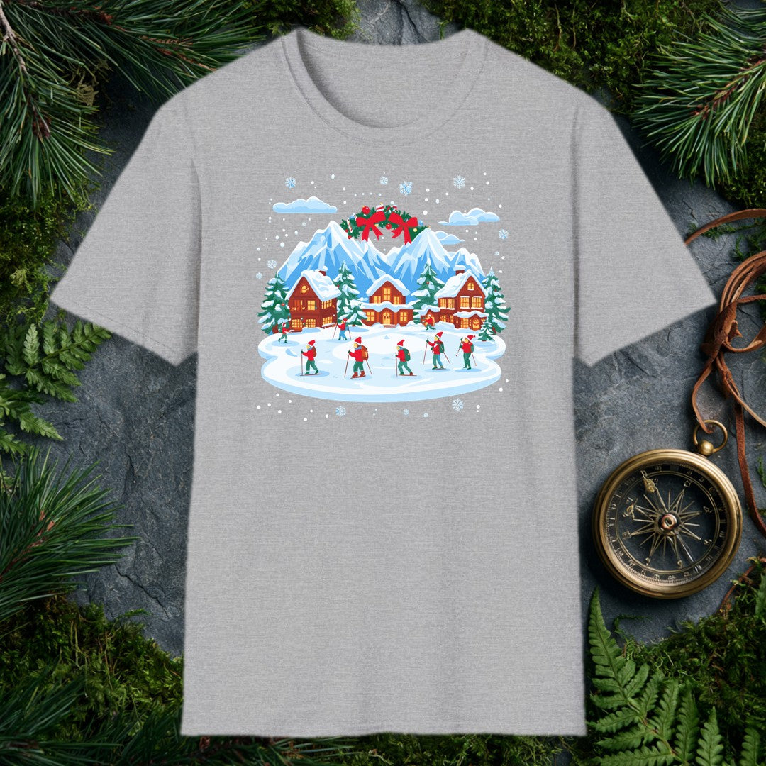 illustrated Christmas village with snow-covered cabins, mountain peaks, holiday wreath, and skiers in red hats on a snow