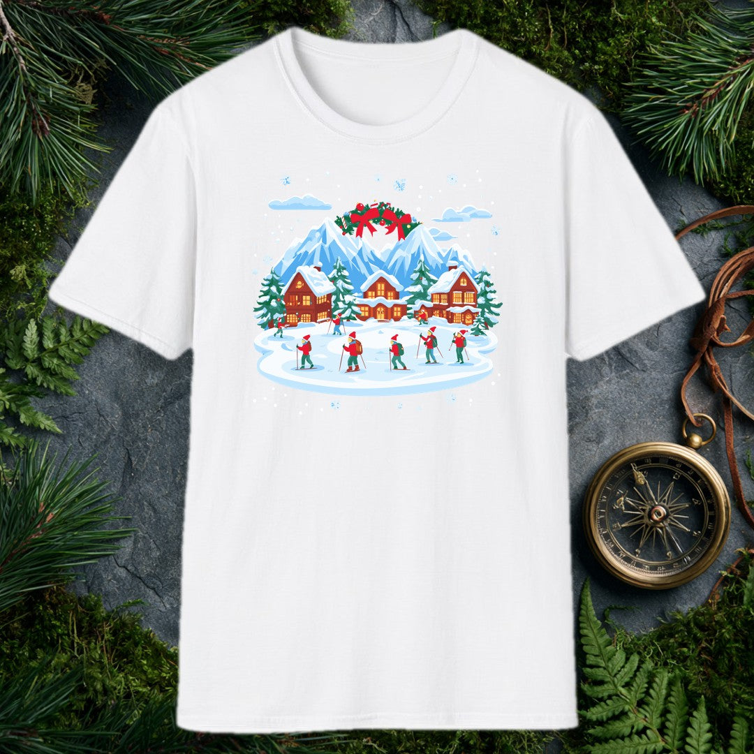 illustrated Christmas village with snow-covered cabins, mountain peaks, holiday wreath, and skiers in red hats on a snow