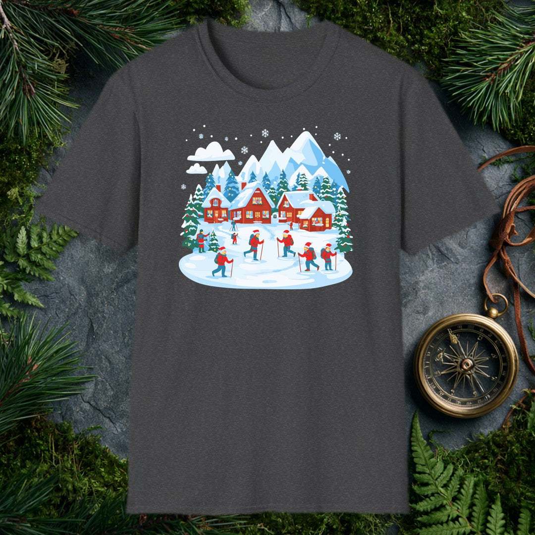 illustrated snowy mountain village with red cabins, decorated pines, and hikers in red jackets and Santa hats