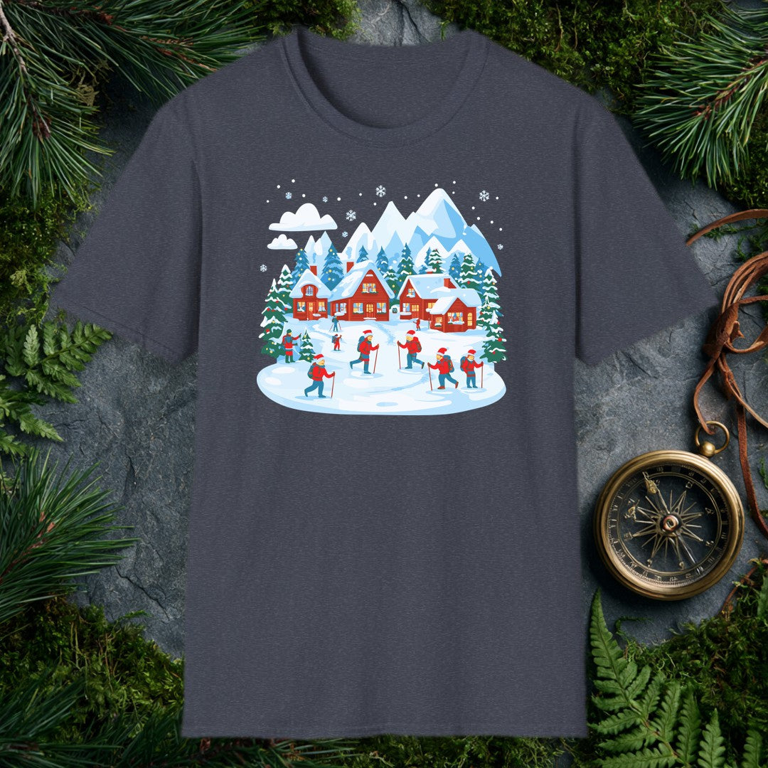 illustrated snowy mountain village with red cabins, decorated pines, and hikers in red jackets and Santa hats