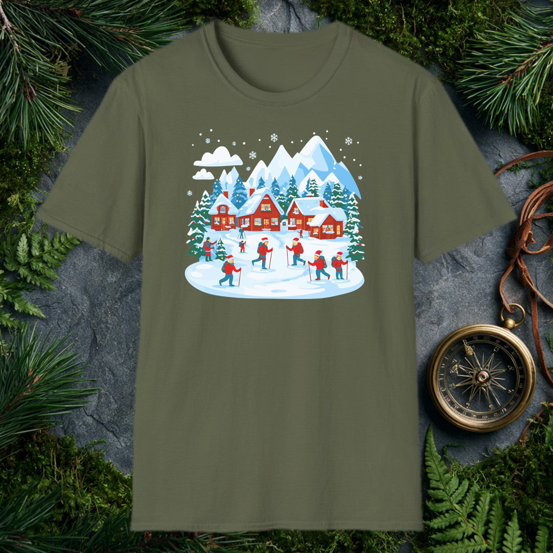 illustrated snowy mountain village with red cabins, decorated pines, and hikers in red jackets and Santa hats