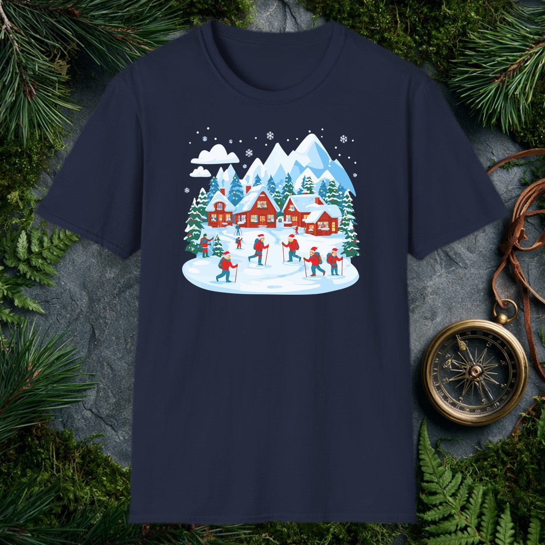 illustrated snowy mountain village with red cabins, decorated pines, and hikers in red jackets and Santa hats