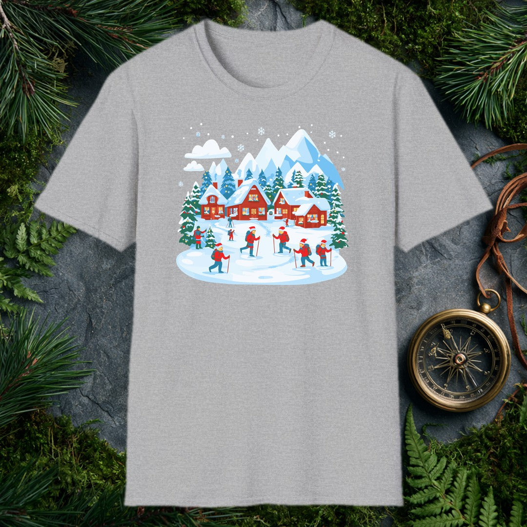 illustrated snowy mountain village with red cabins, decorated pines, and hikers in red jackets and Santa hats