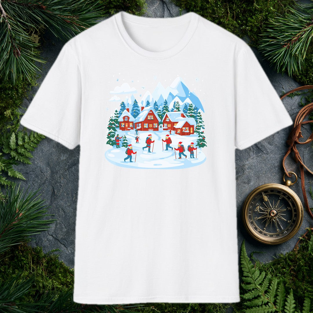 illustrated snowy mountain village with red cabins, decorated pines, and hikers in red jackets and Santa hats