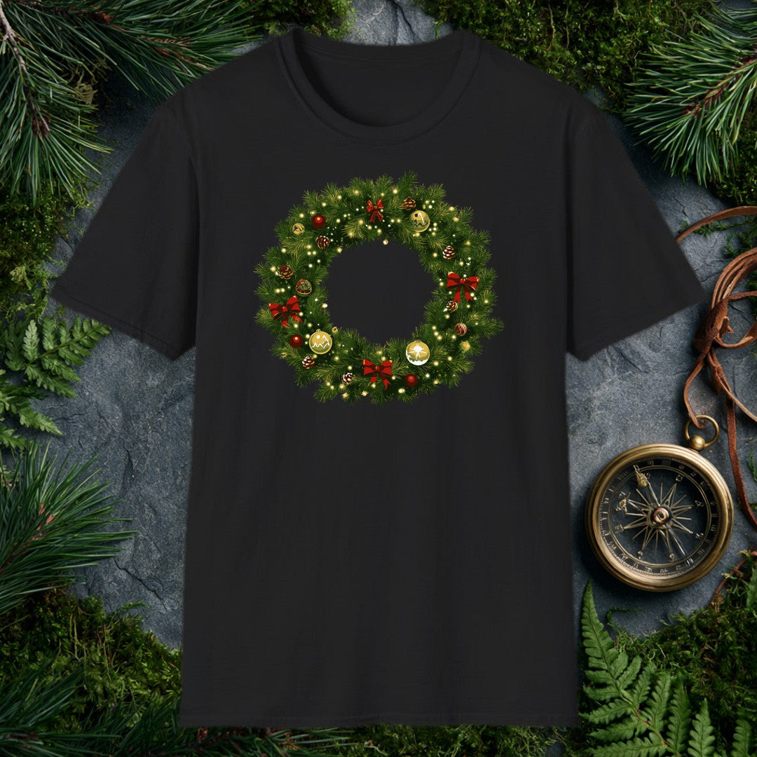 illustrated Christmas wreath with gold and red ornaments, red ribbon bows, pine cones, and glowing fairy lights