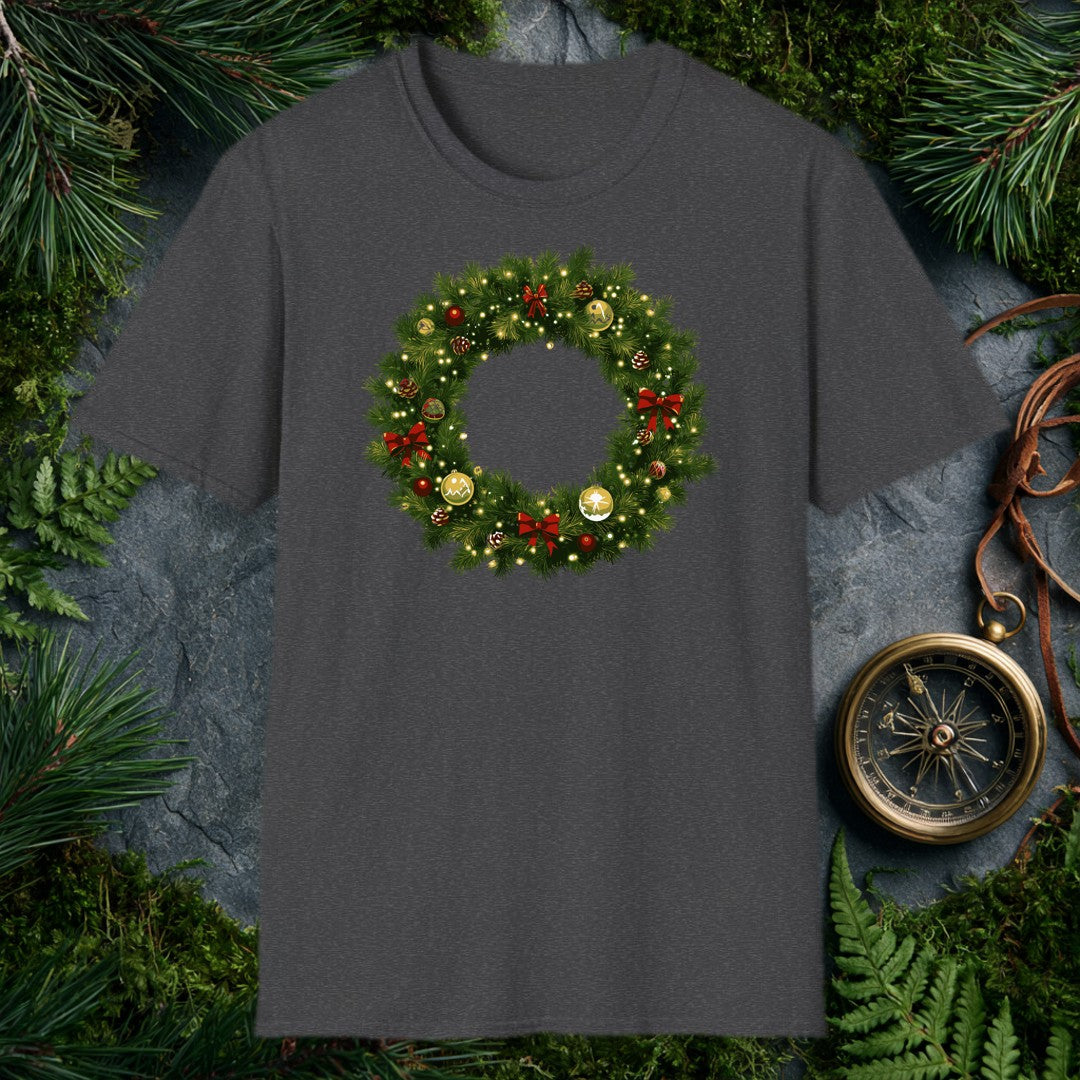 illustrated Christmas wreath with gold and red ornaments, red ribbon bows, pine cones, and glowing fairy lights