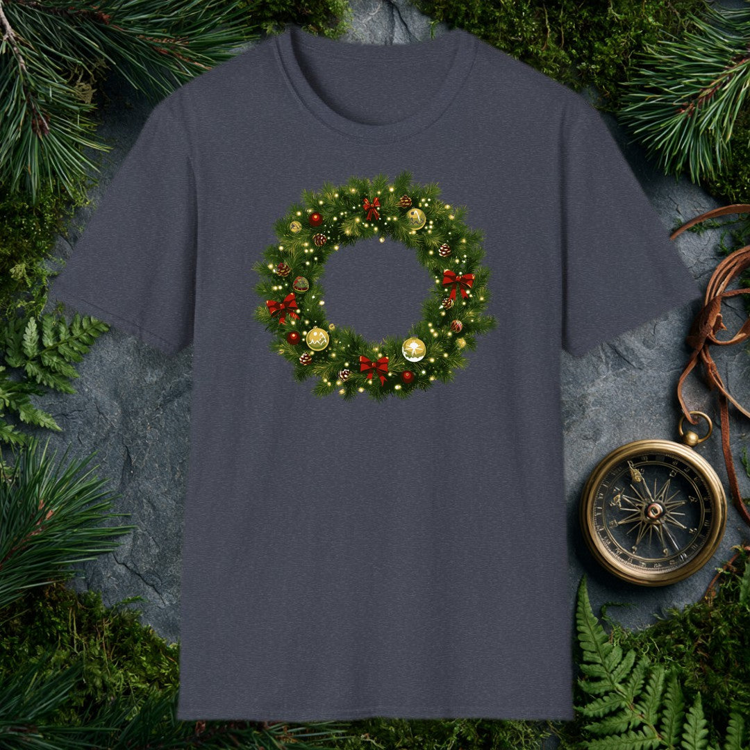 illustrated Christmas wreath with gold and red ornaments, red ribbon bows, pine cones, and glowing fairy lights