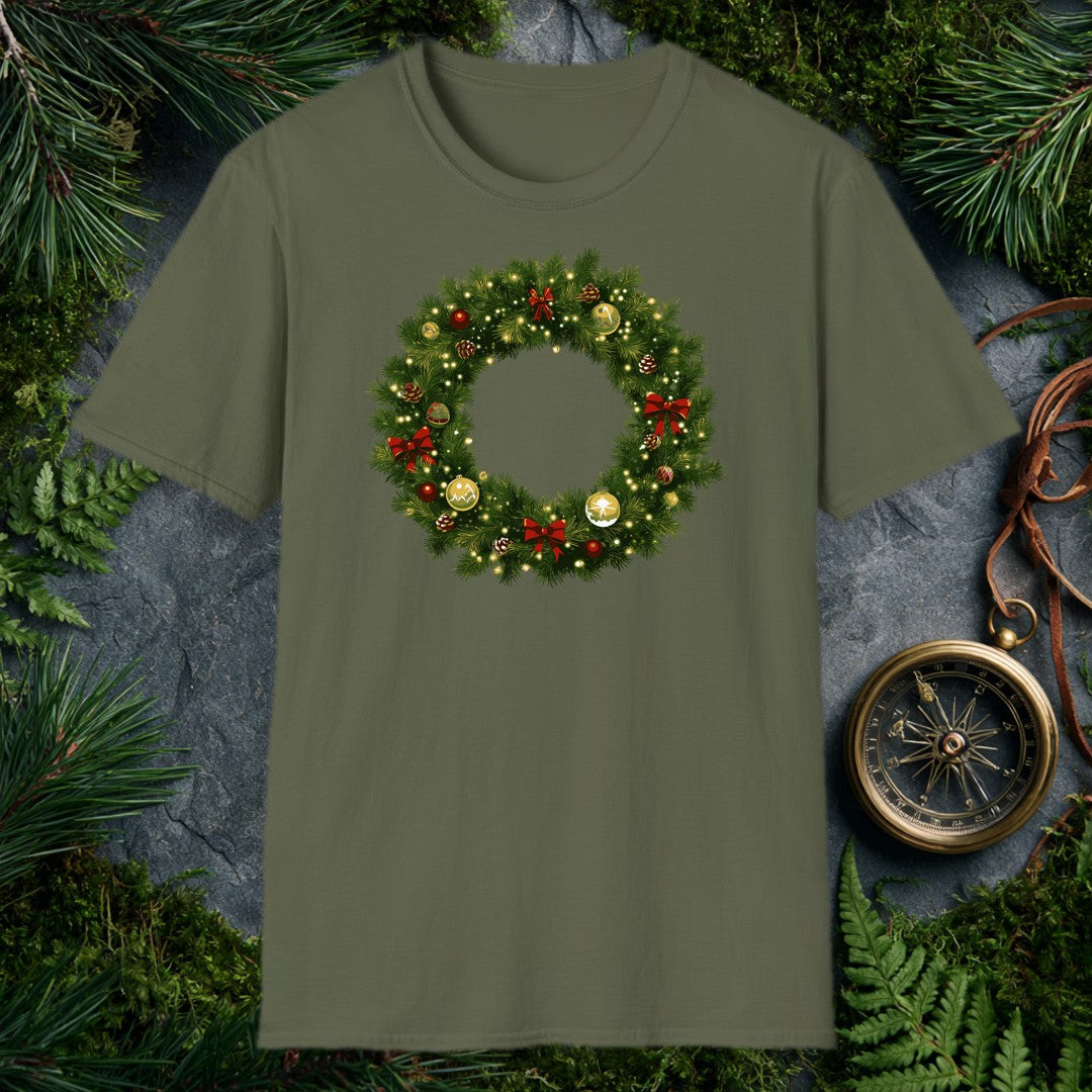illustrated Christmas wreath with gold and red ornaments, red ribbon bows, pine cones, and glowing fairy lights