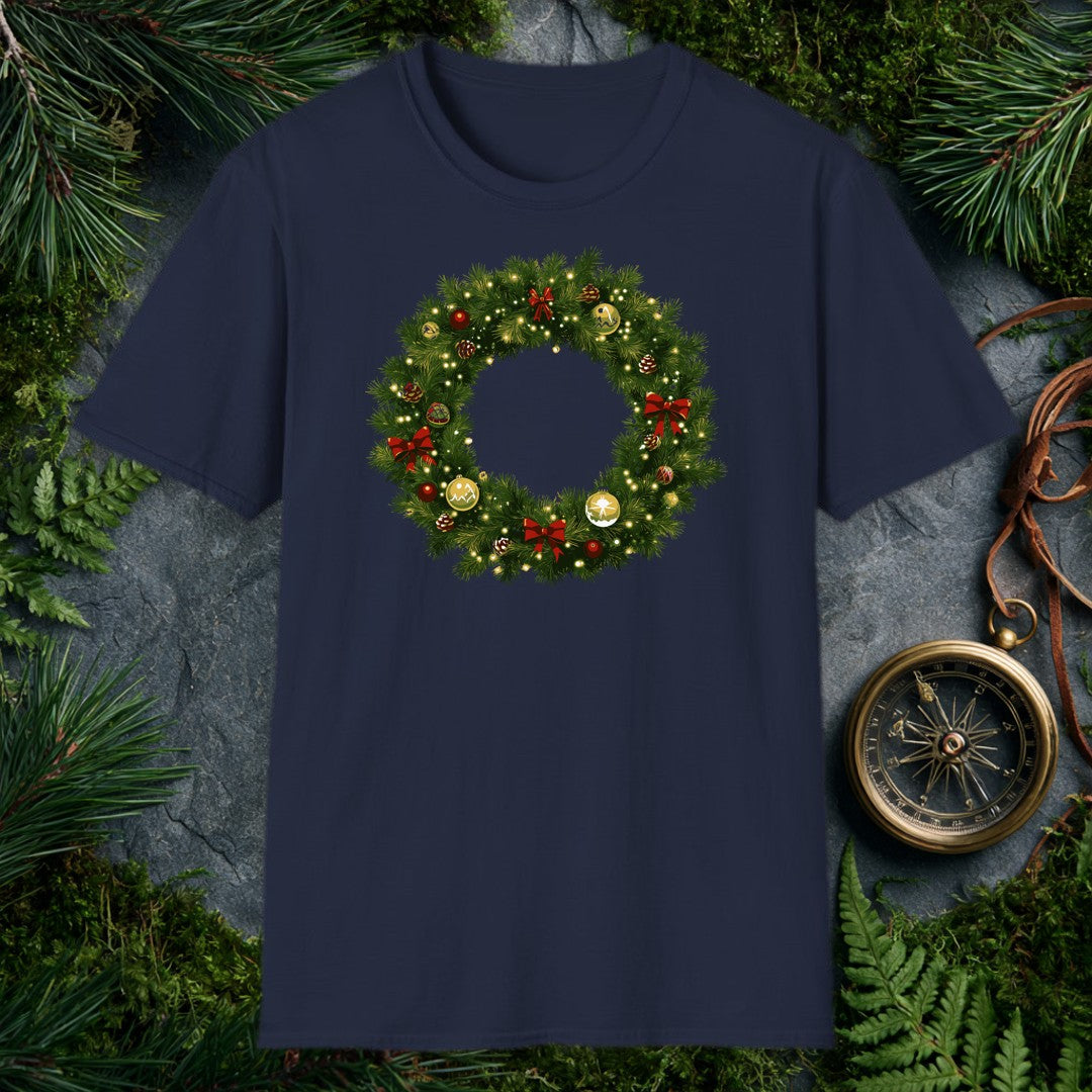 illustrated Christmas wreath with gold and red ornaments, red ribbon bows, pine cones, and glowing fairy lights
