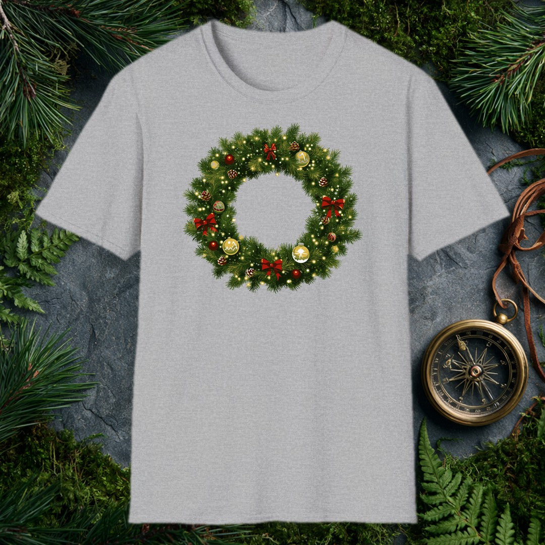 illustrated Christmas wreath with gold and red ornaments, red ribbon bows, pine cones, and glowing fairy lights
