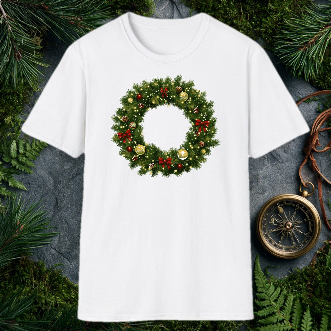 illustrated Christmas wreath with gold and red ornaments, red ribbon bows, pine cones, and glowing fairy lights