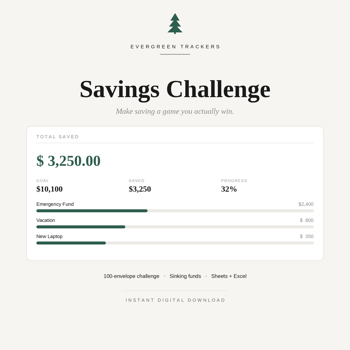 Savings Challenge Tracker — 100 Envelope Challenge & Sinking Funds | Google Sheets & Excel